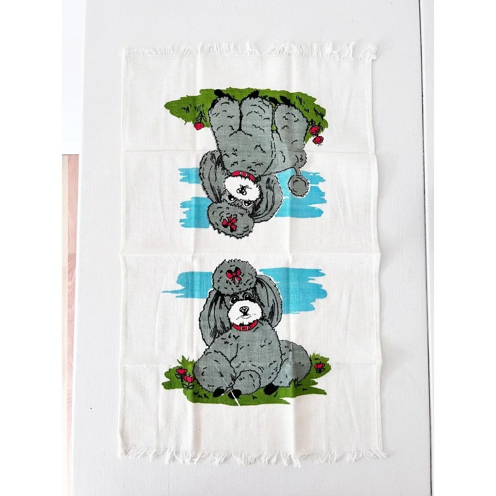 50s Poodle Tea Towel / Vintage‎ Dog Dishtowel / 50s Blue Woven Kitchen